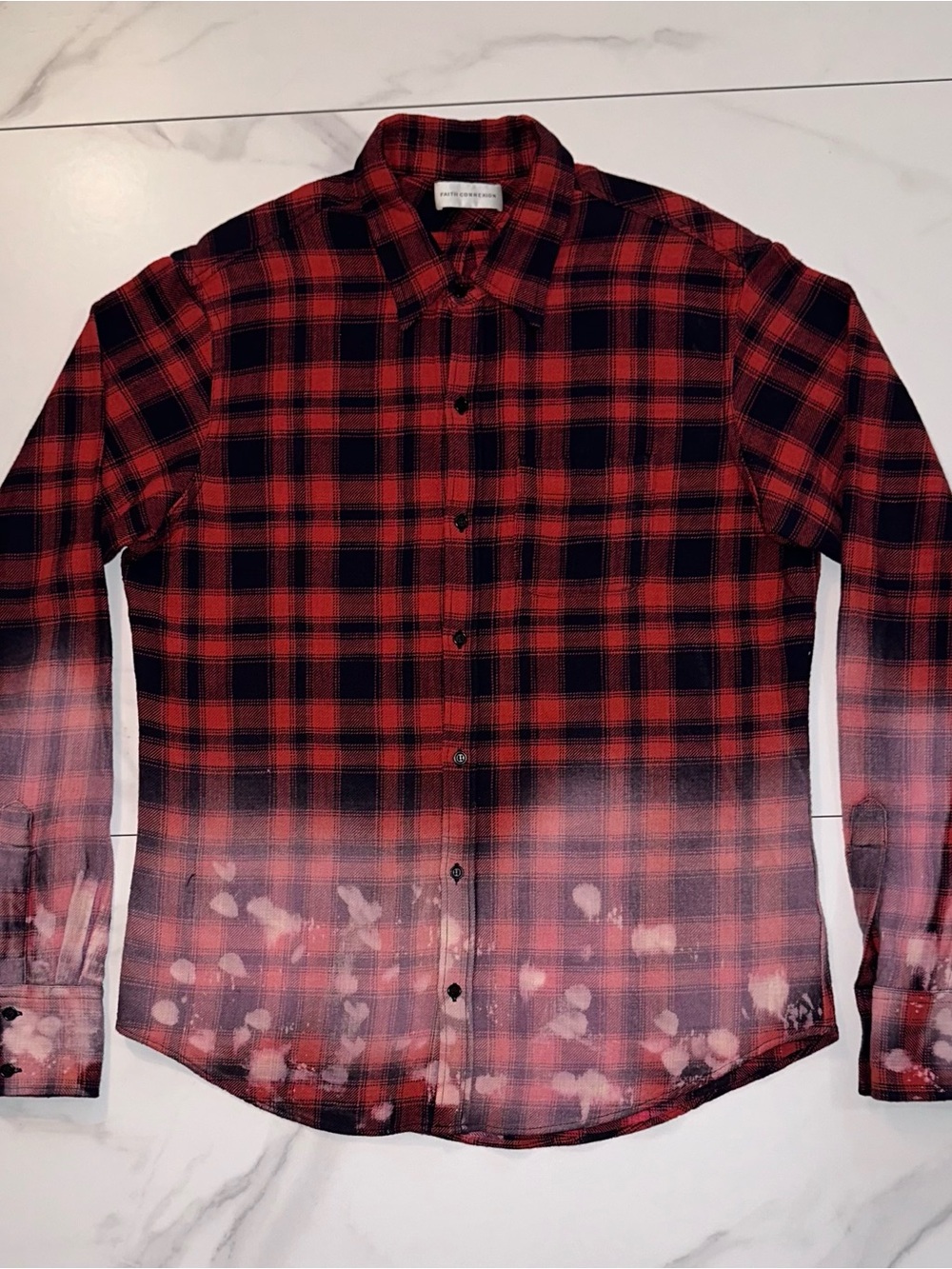Faith Connexion Over Shirt Bleached Plaid Flannel Navy Red Oversized Size Medium
